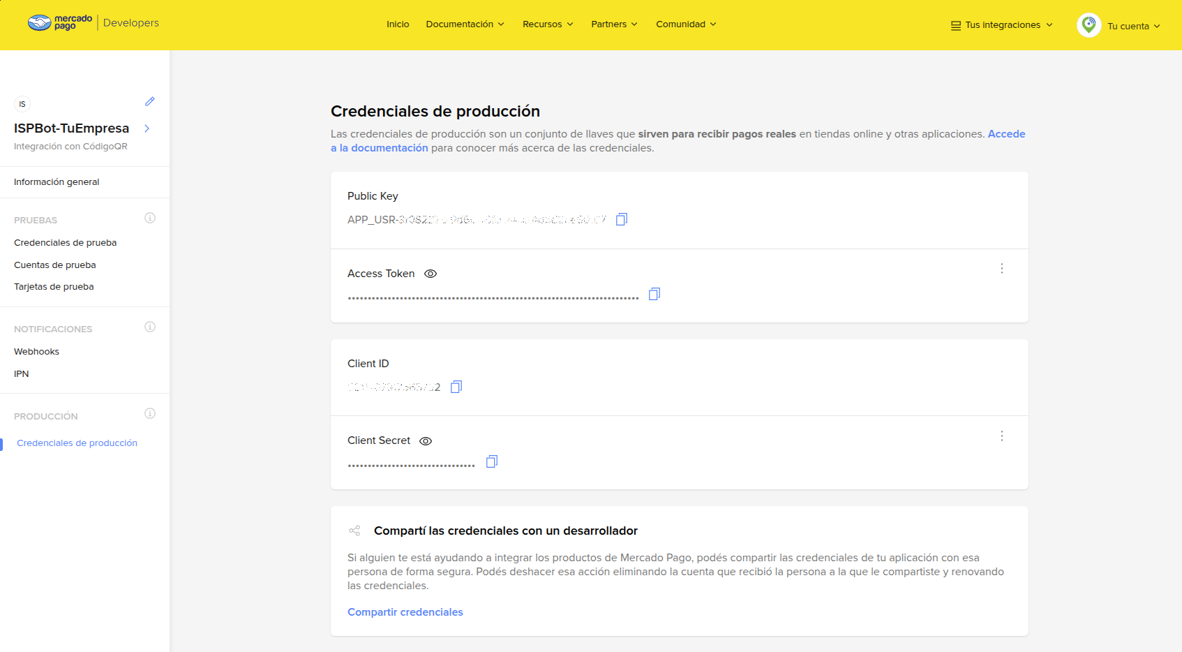 Copiar Access Token de las credenciales de producción